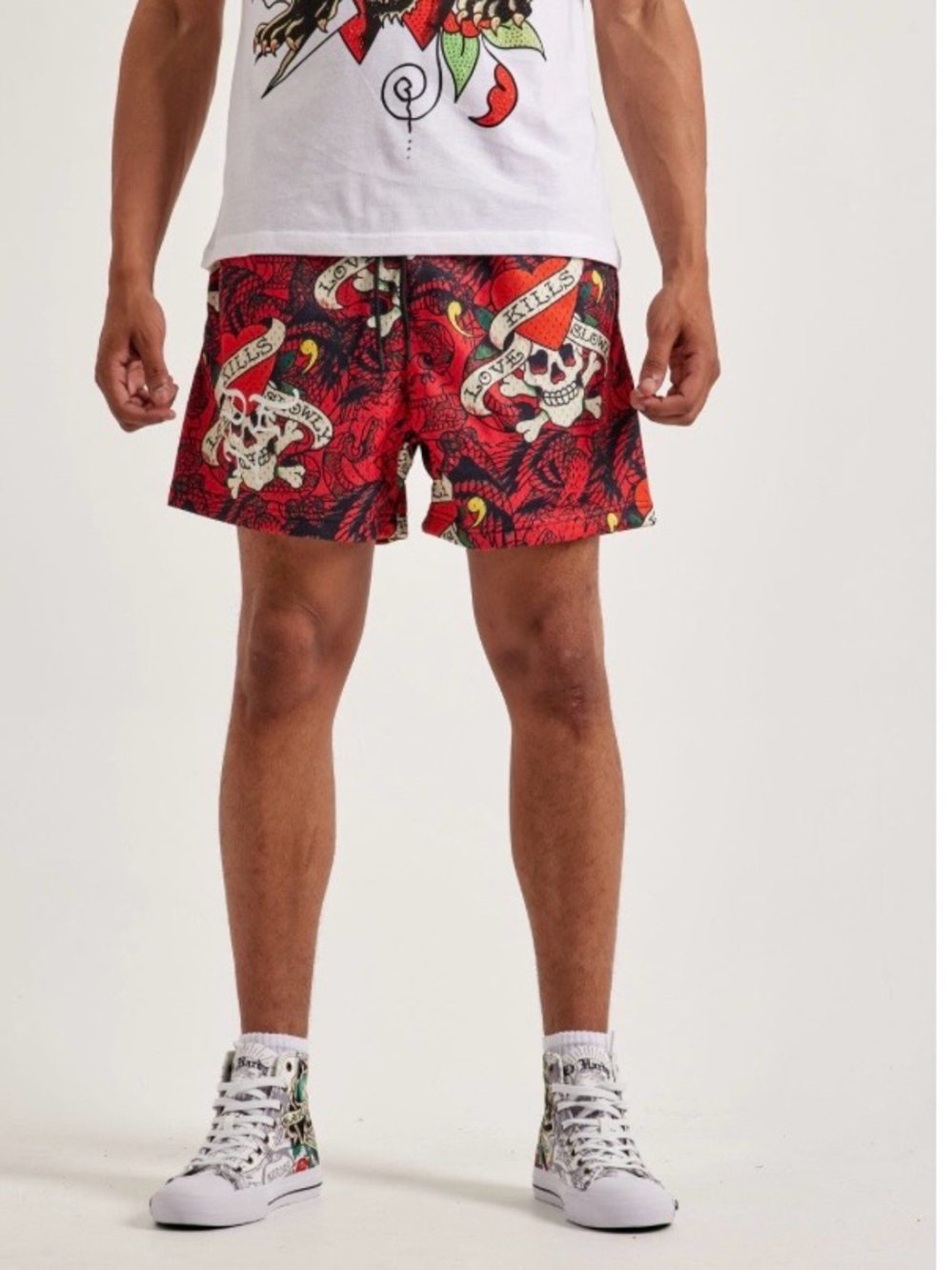 Red Tattoo Skull Print Shorts